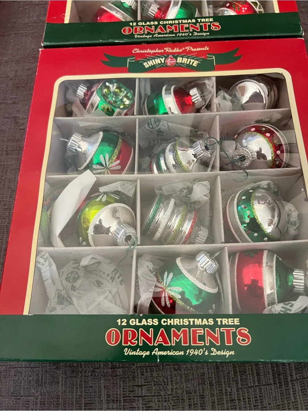 Christopher Radko Red and Green Vintage design ornaments. Lot of 4 boxes